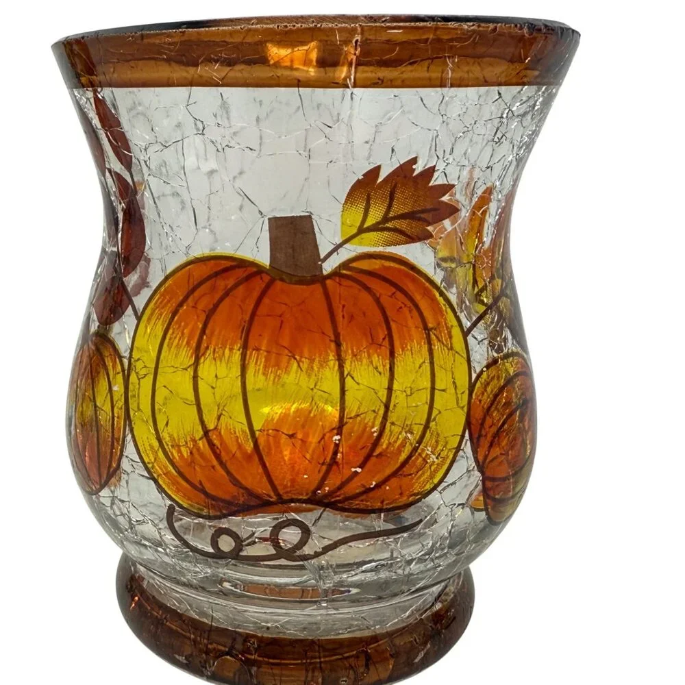 Set 3 Yankee Candle Pumpkin Fall Autumn‎ Crackle Glass Votive Candle Holders